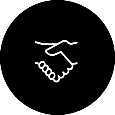 Icon with black background with a white outline of two hands in a handshake posiion.
