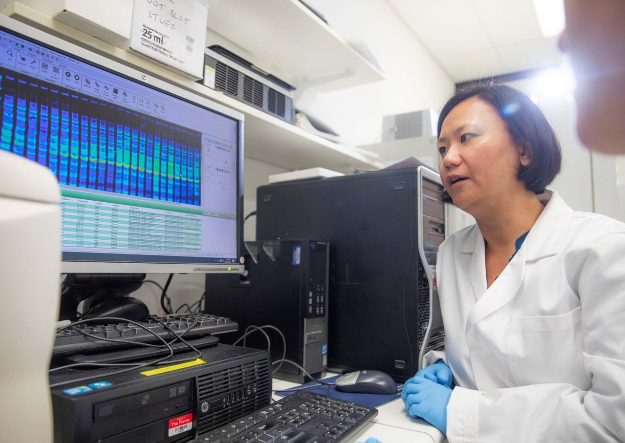 Female researcher looks at DNA sequence on a computer screen