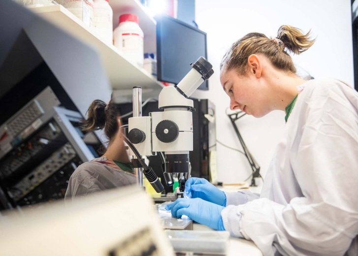 Female researcher adjusts slide on microscope in lab