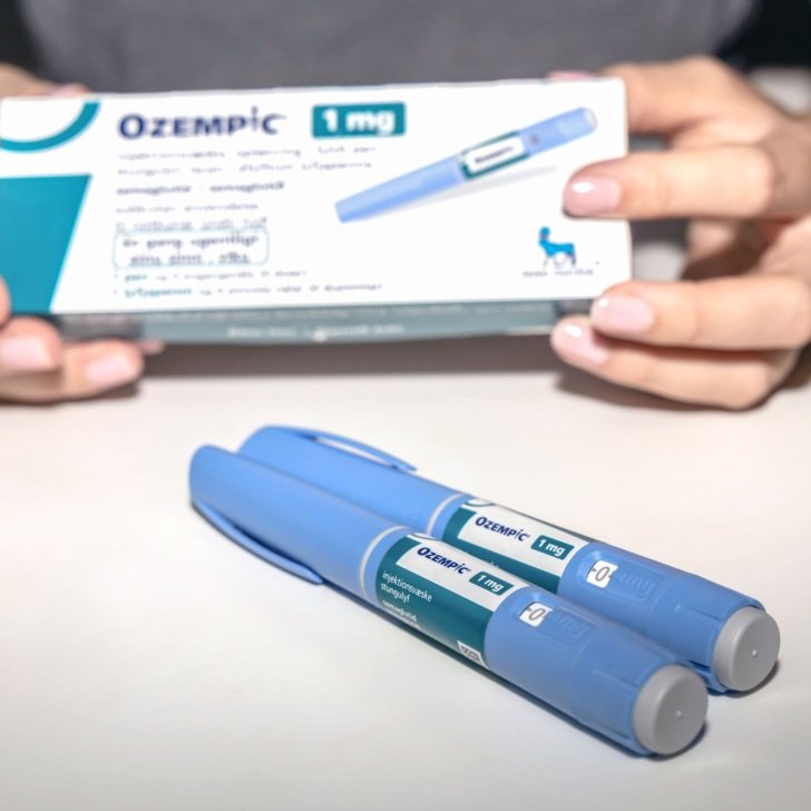 Two blue Ozempic injections in foreground with a woman holding a packet of the medication in the background.