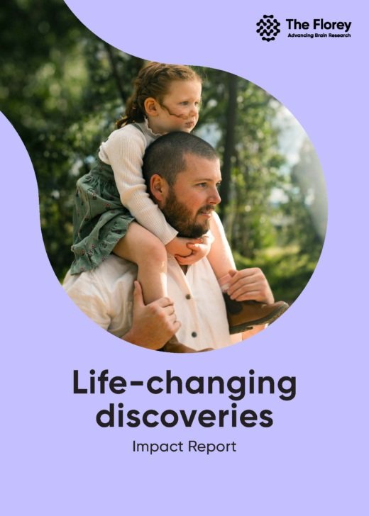 Cover of The Florey Impact Report: Life-changing discoveries. It is purple with an image of a young girl sitting on her father's shoulders, in a rural setting.